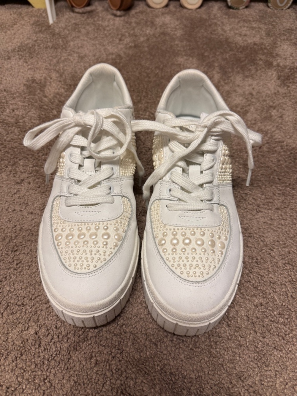 Copper Key White Pearl-Embellished Lace-Up Sneakers